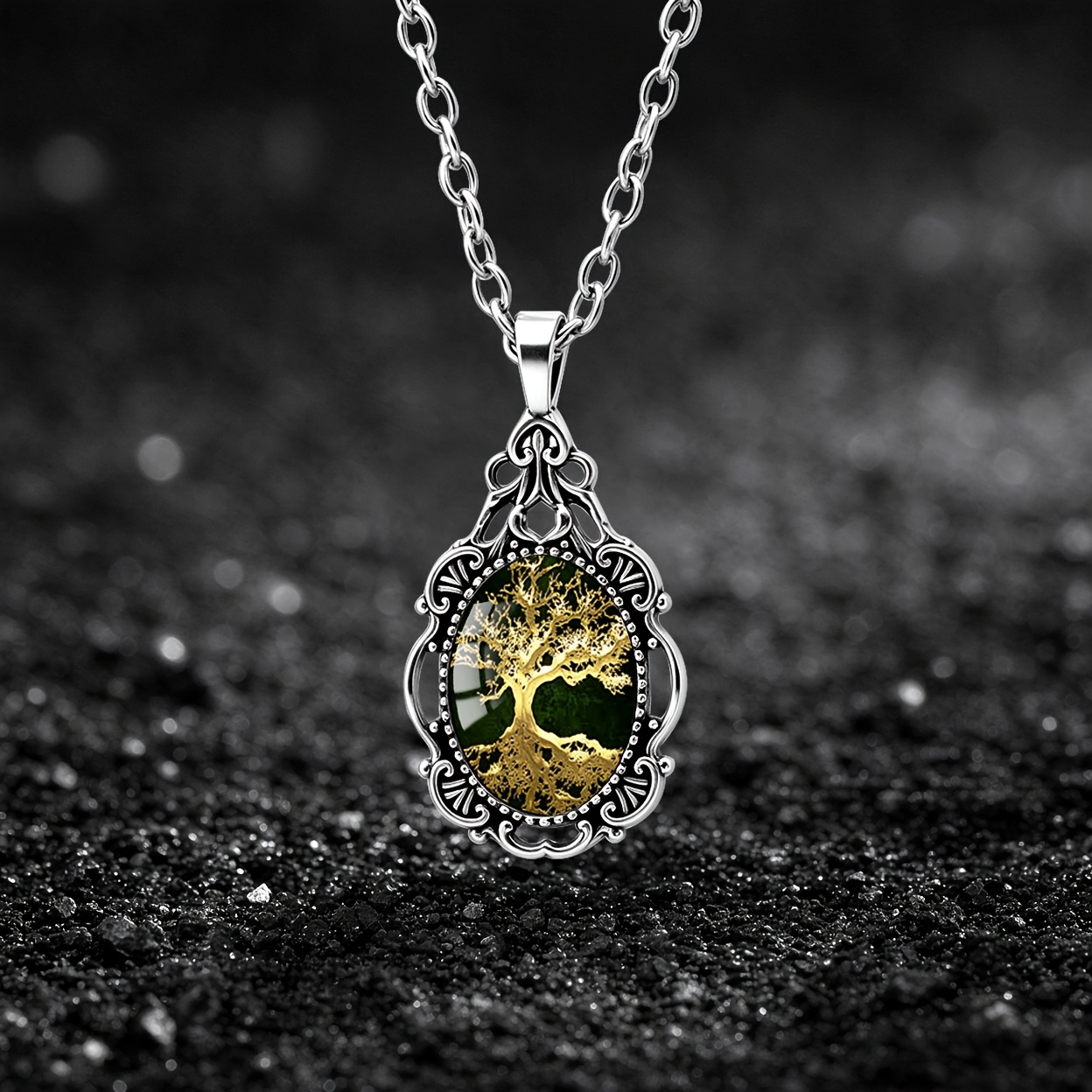 Men's Deep Green Life Tree Pattern Oval Glass Pendant Necklace